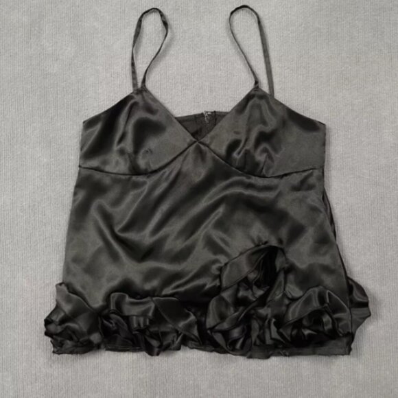 Black Satin Camisole Top with Ruffle Hem - Gothic/ Vintage Aesthetic Style CDG - Picture 4 of 8